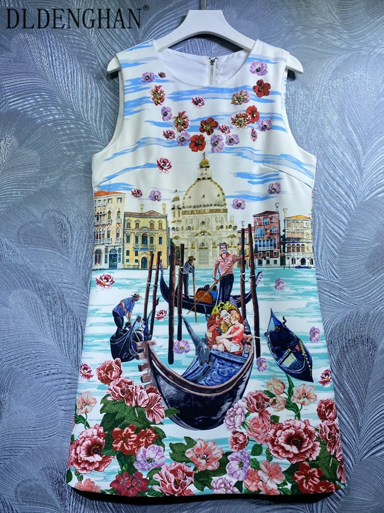 

DLDENGHAN Fashion Runway Designer Summer Vest Mini Dress Women O-Neck Sleeveless Crystal Beading Vintage Flowers Print Dresses