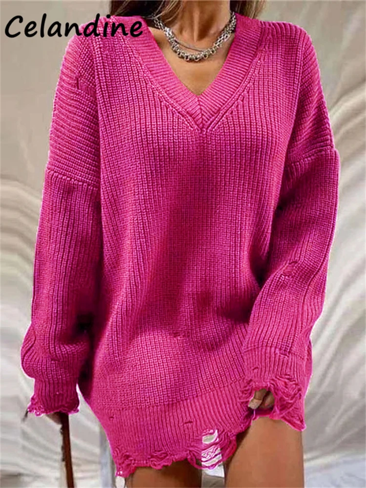 

Celandine Oversized Sweater Dress Women V Neck 2021 Winter Long Sleeve Knitted Pullover Mini Loose Fashion Sexy Party Club Dress