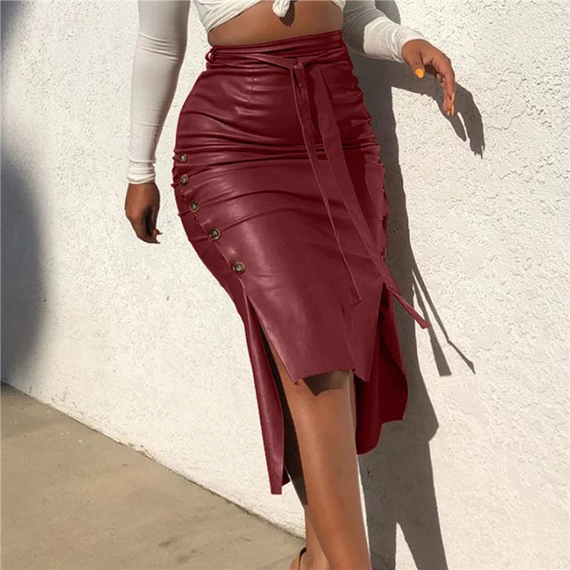 

Women Sexy Bandage Pu Leather Party Skirt Fashion Solid Faux Leather Side Button Skirt Casual Bodycon Split Midi Skirt