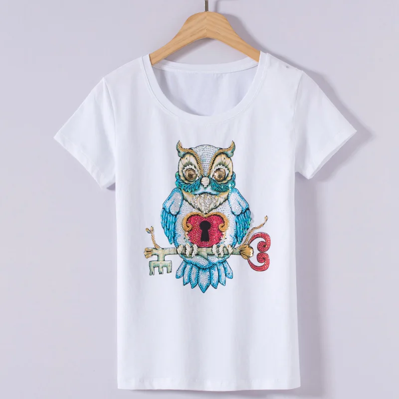 

Cotton Tees O Neck Slim 3D Animal Handmade Beading Casual T Shirts Summer Ladies Pailltte T-shirt for woman with Owl Logo 2020