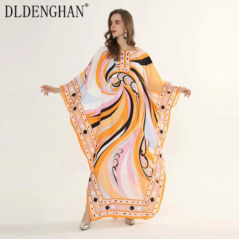 

DLDENGHAN модное платье с абстрактным принтом длинное платье для женщин с рукавами «летучая мышь» с длинными рукавами размера плюс свободные пл...