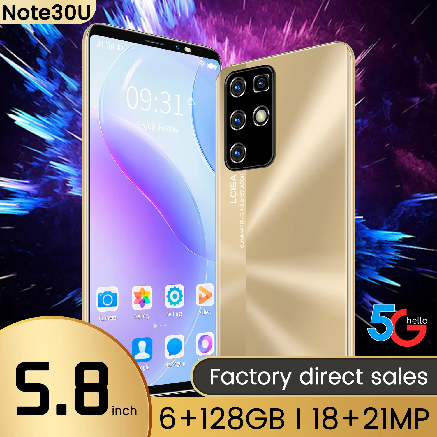 

New Arrival 2021 Note30 U 5.8Inch MTK6895 8Core 6+128GB Face Unlock Global 5G Network 18+21MP 4500MAH Android10 Dual SIM Card