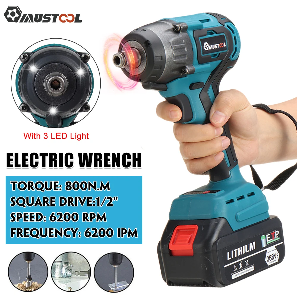 

800N.m 388VF Brushless Electric Impact Wrench With 3 LED Lights 1/2 Socket Rechargeable Cordless Wrench for Makita 18V Battery