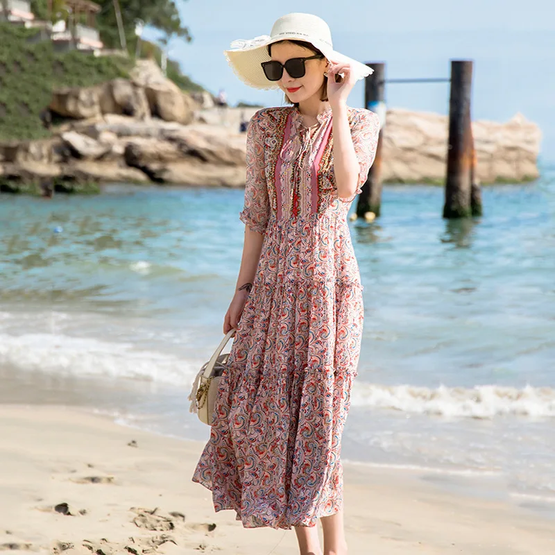 

Silk Crepe De Chine Dress 2021 Summer New Pattern Print Elegant Lace V-neck Ruffle Sleeve Elegant Large Swing Dress