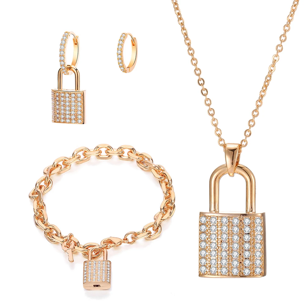 

Women's Irregular Lock Drop Earrings Accessories Statemen Stainless Steel Gold Jewelry Set For Women Necklace Bracelet Gift 2021