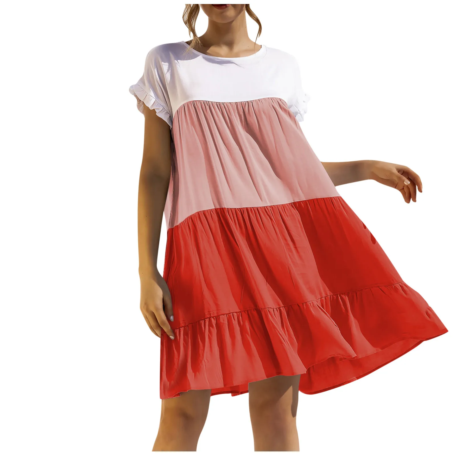 

2021 new ladies dress summer sexy fashion fashion stitching short-sleeved ruffled mid-length skirt female silky dress