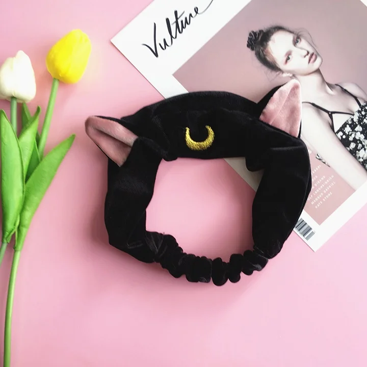 Sailor Moon повязка для волос с кошачьими ушками, ремень для мытья волос для йоги, ремешок для волос из кораллового флиса, эластичная повязка для волос, аксессуары для волос - Цвет: Черный
