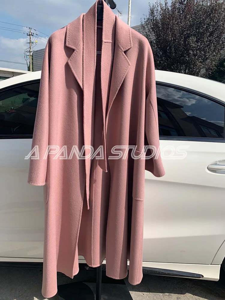 100% pure cashmere water ripple double-sided cashmere coat women mid-length woolen coat women