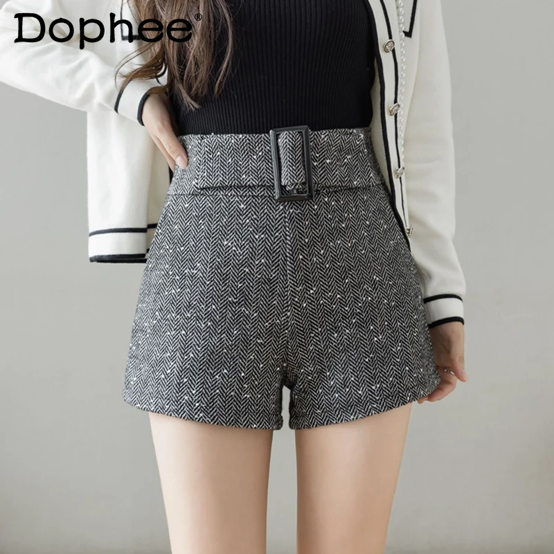 

Женские шерстяные шорты с блестками, клетчатые твидовые шорты с широкими штанинами, верхняя одежда для осени и зимы, 2020