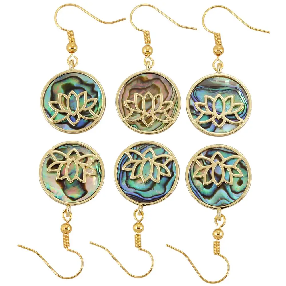 

Round Abalone Sea Shell Gold Color Dangle Earrings Flower Tree of Life Drop Hook Earring Women Jewelry