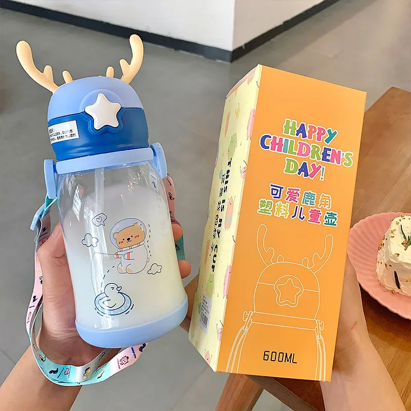 

600ml Cute Cartoon Antlers Drink Water Straw Bottle Cup Plastic for Baby Kids Children Student Boy Girl Creative Gift Wholesale