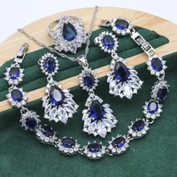 exquisite blue red crystal 925 silver jewelry sets for women bracelet earrings necklace pendant ring wedding jewelry 4pcs