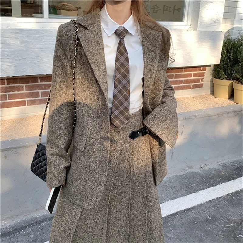 Sungtin Preppy Style Woolen Women Pleated Skirt and Blazer 2 Piece Set Korean Kawaii Suit Female Cute JK Warm |