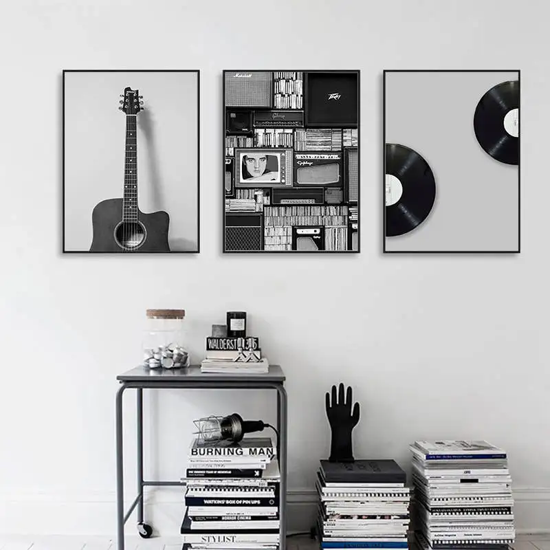 Vintage Music Prop Nordic Canvas Painting Home Decor Wall Art Retro Black White Guitar Office Living Room Picture Minimalist ART | Дом и сад