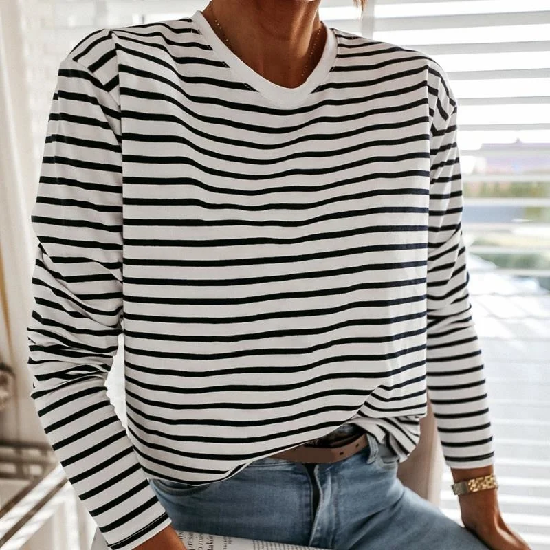 

Women Fashion Black And White Striped Blouse Shirt Casual Long Sleeve O-neck Soft Korean Shirt Ladies Women T-Shirt Spring 2021