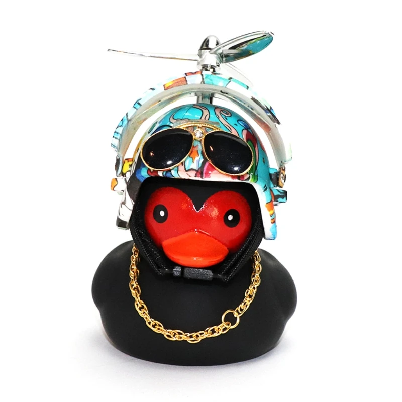 

Rubber Duck Car Decorations Black Dashboard Ornaments with Propeller Helmet