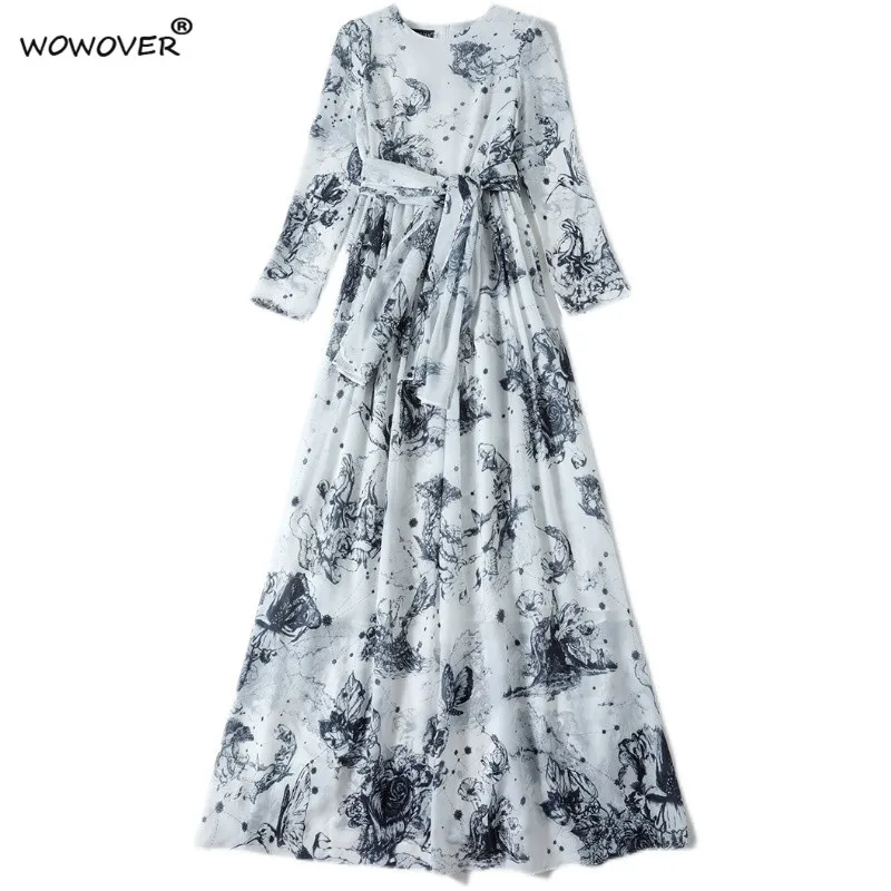

Fashion Women's Runway Designer Long Sleeve Print Chiffon Floor Length Bohemian Vacation Dress Elegant Lady Evening Party Robe