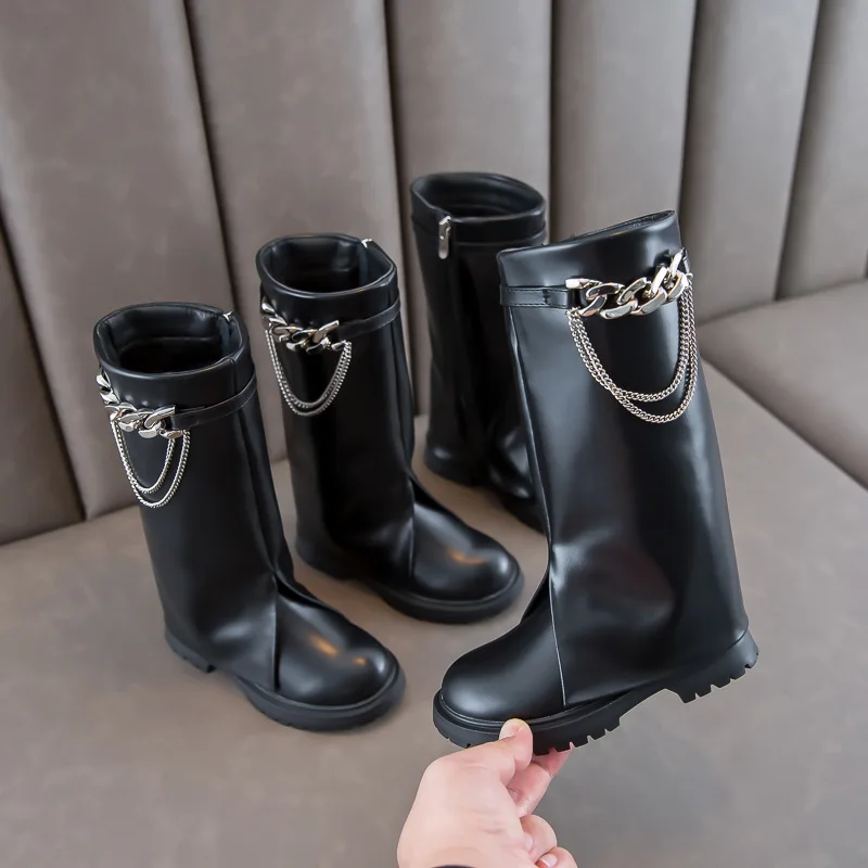 

Детские сапоги, зимние новые сапоги до колена для маленьких девочек, детская кожаная Брендовая обувь, черные сапоги на цепочке, римские март...