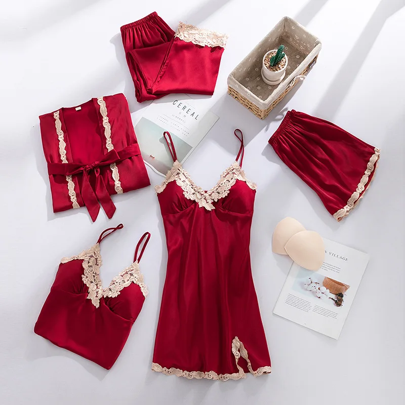 

Kalenmos Pajamas Women Ice Silk Five-piece Solid Color V-neck Nightdress Nightgown with Chest Pad Home Service Spring 2021