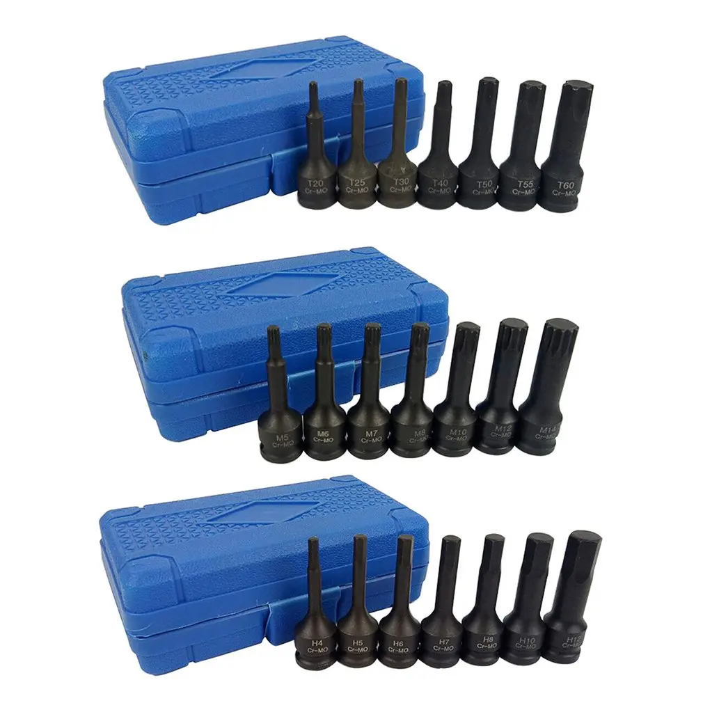 Набор головок ударного типа с внешним квадратом 3/8 дюйма, звездообразными битами Torx, 7 штук, изготовленный из хром-молибдена, для гаечного ключа с рукояткой в форме буквы T, размеры M и H.