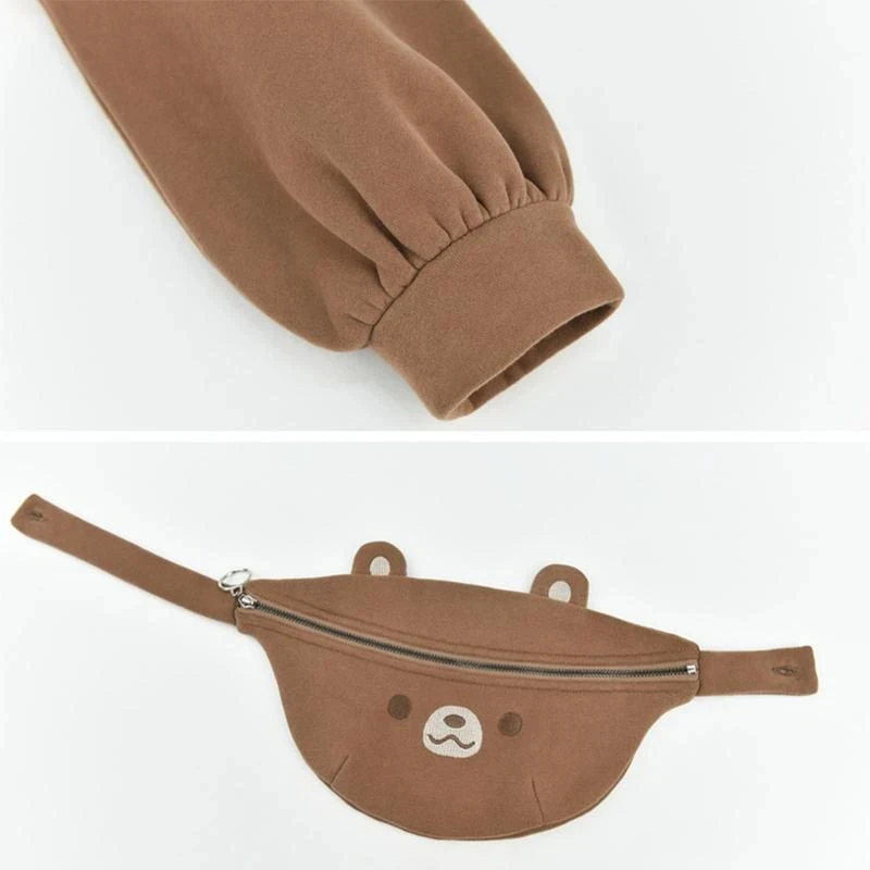 

2pcs Bear Detachable Bag Fake Two-Piece Hoodie Set Fleece Warm Quilted Hooded Top Pullover Sweatshirt with Bag K2