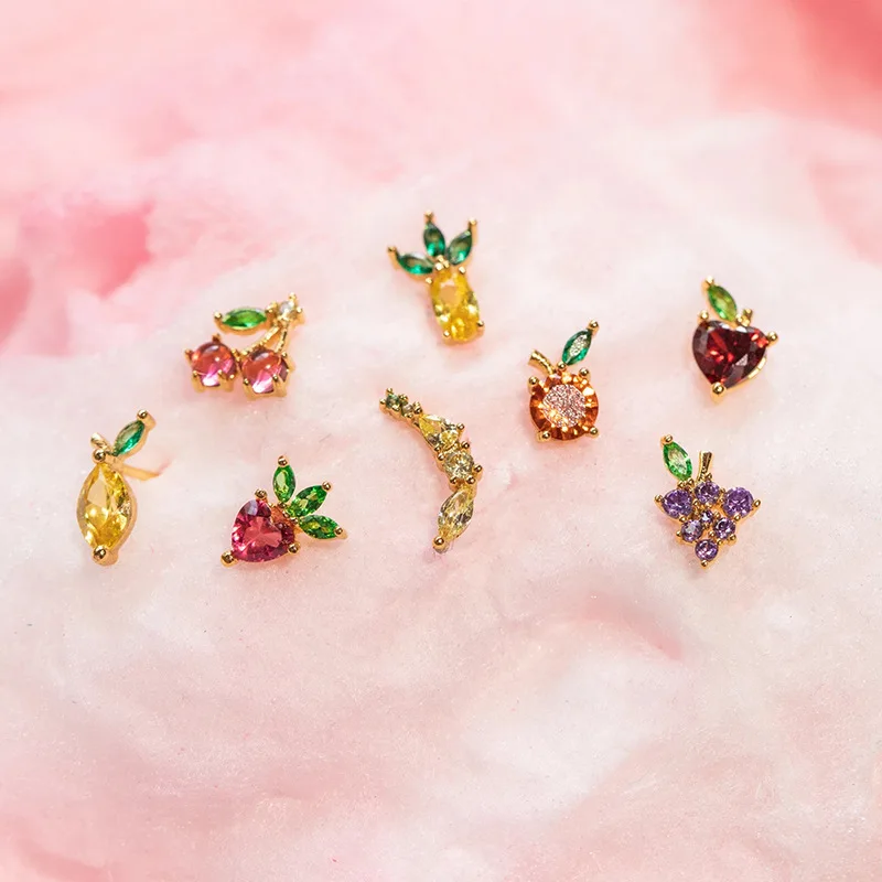

Hypoallergenic Tasty Apple Cherry Grape Peach Crystal Fruits Gold Stud Earrings for Women Colorful Zircon Cute Female Jewelry