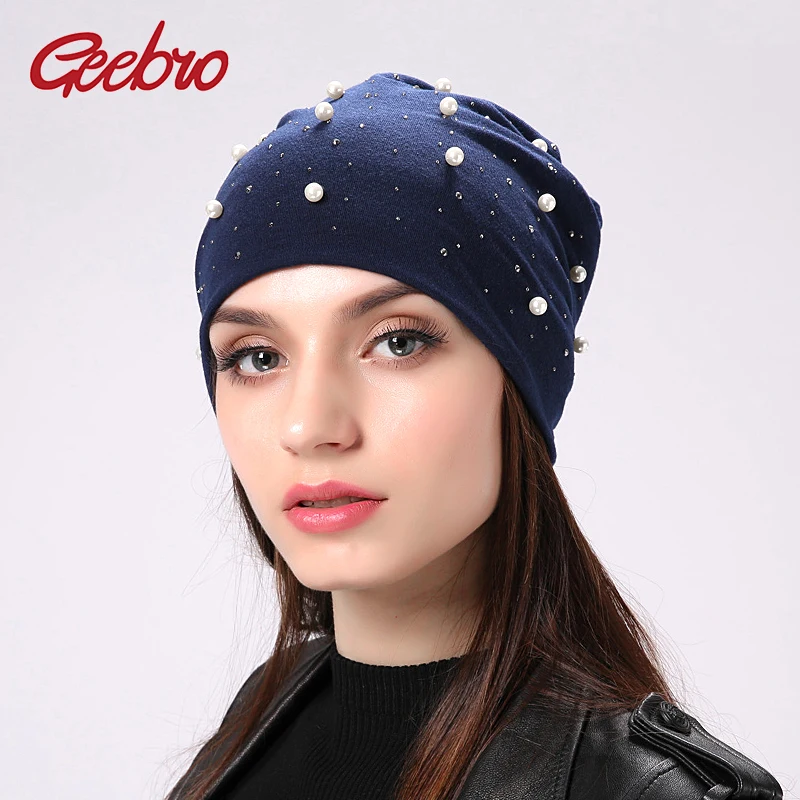 

Geebro New Women's Solid Color Beanies Lady Fashion Rhinestones Pearls Slouchy Skullies Caps Autumn Female Winter Hats Bonnet