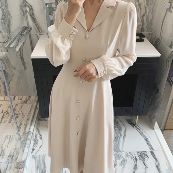 Женское винтажное шифоновое платье с жемчужными пуговицами Элегантное Длинное