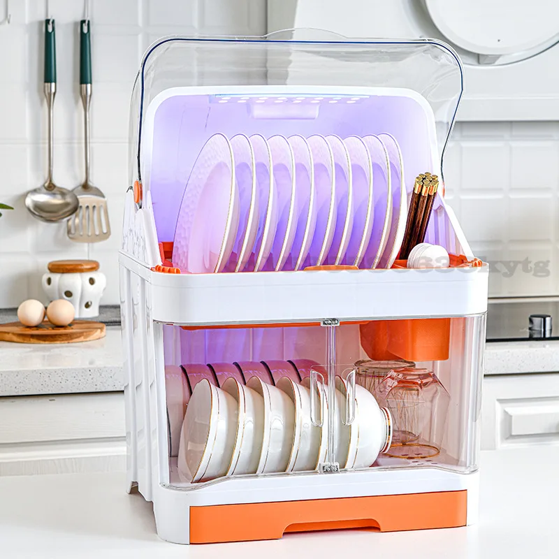Double-layer Ultraviolet Disinfection Dish Rack Kitchen Tableware Storage Box with Dustproof Lid  Kitchen Cabinet Dish Dryer