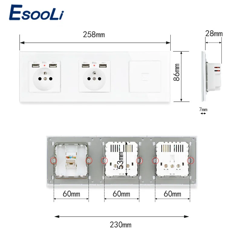 Стеклянная панель ESOOLI розетка с двойным французским стандартом 4 порта USB для