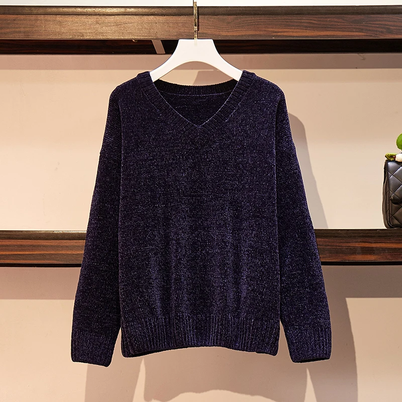 Navy Blue Однотонные Стильные теплые свитера из шенили весна осень зима трикотажные пуловеры с v-образным вырезом однотонные свитера для женщин - Цвет: Navy Blue