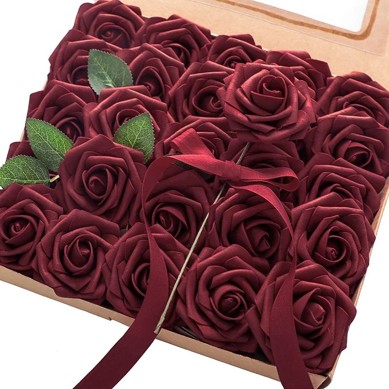

NEW-Artificial Flowers 25Pcs Real Looking Burgundy Fake Roses with Stems for DIY Wedding Bouquets Red Bridal Shower