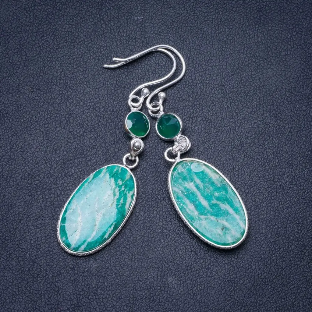 Натуральные амазониты и хризопраз Уникальные 925 пробы серебряные серьги ручной