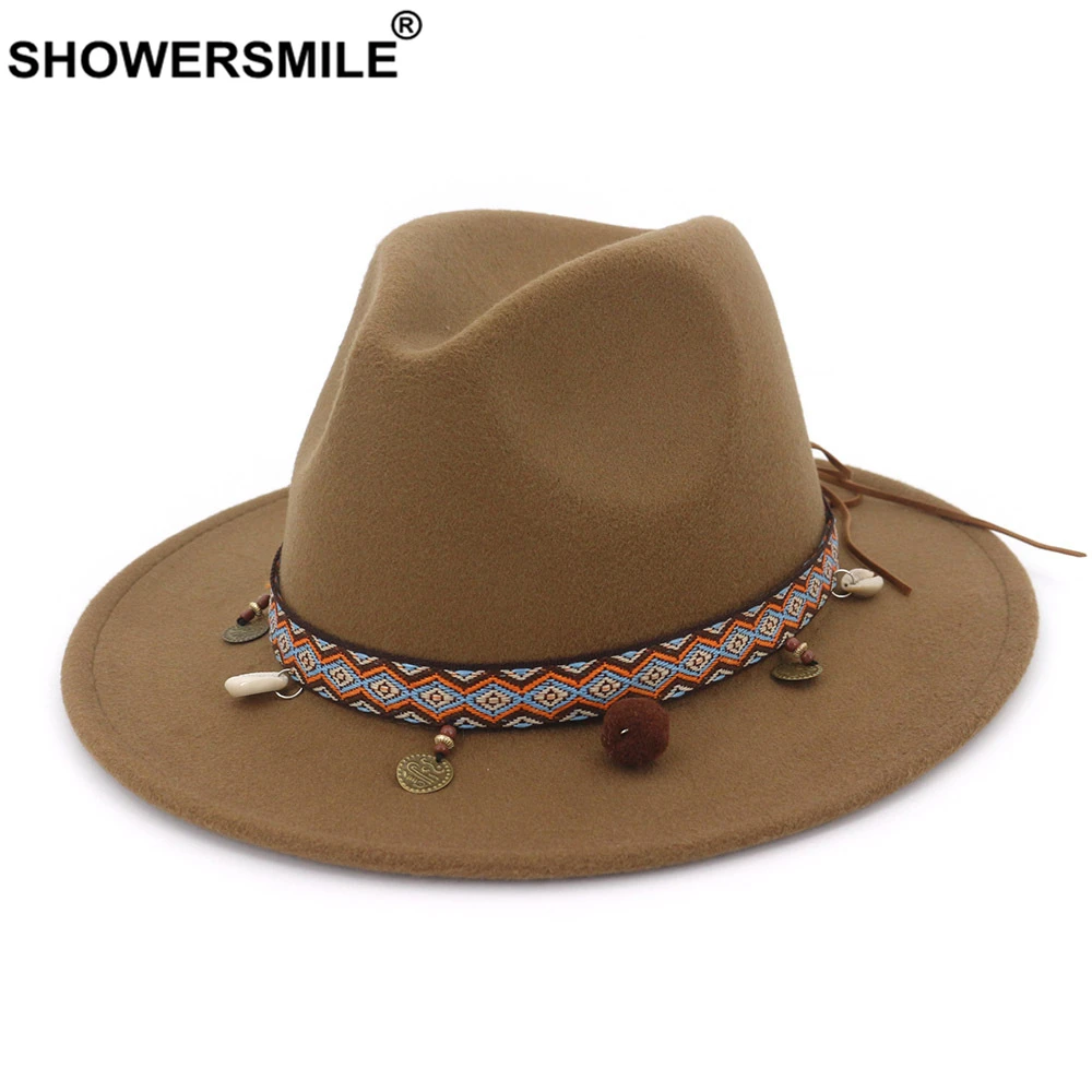 SHOWERSMILE, синие фетровые шляпы для женщин, шерстяная шляпа Трилби, женская шляпа с широкими полями, повседневная женская зимняя шапка в этническом стиле