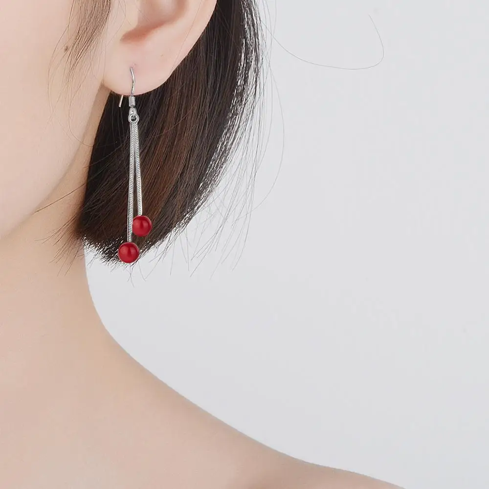 Корейские серьги Chandler с кисточками и двумя линиями для девочек красными шариками
