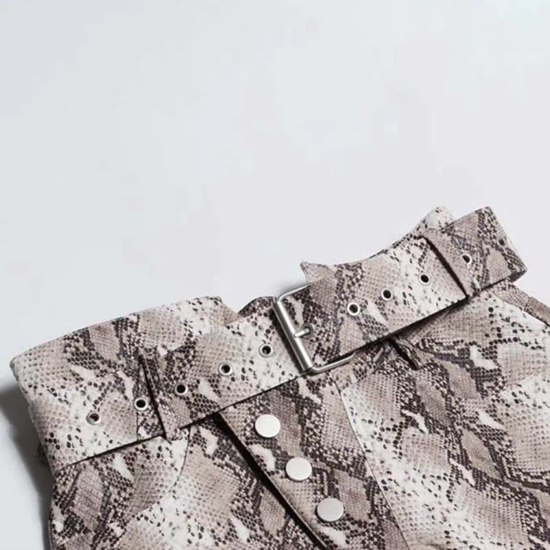 CHICEVER Print Snake PU Leather Women's Shorts High Waist With Sashes Vintage Short Pants Female Fashion 2020 Clothing | Женская