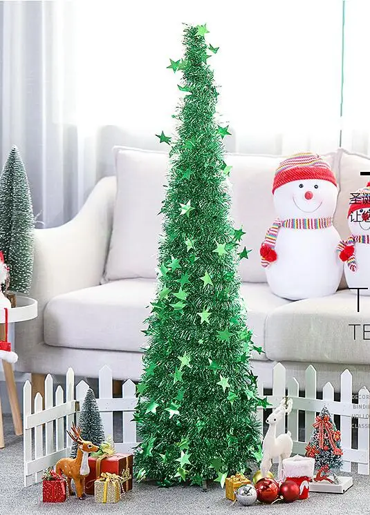 green Green Pop Up Christmas Tinsel Tree With Stand Gorgeous Collapsible Artificial Christmas Tree For Christmas Decorations 1.2M 1.5M - Цвет: green