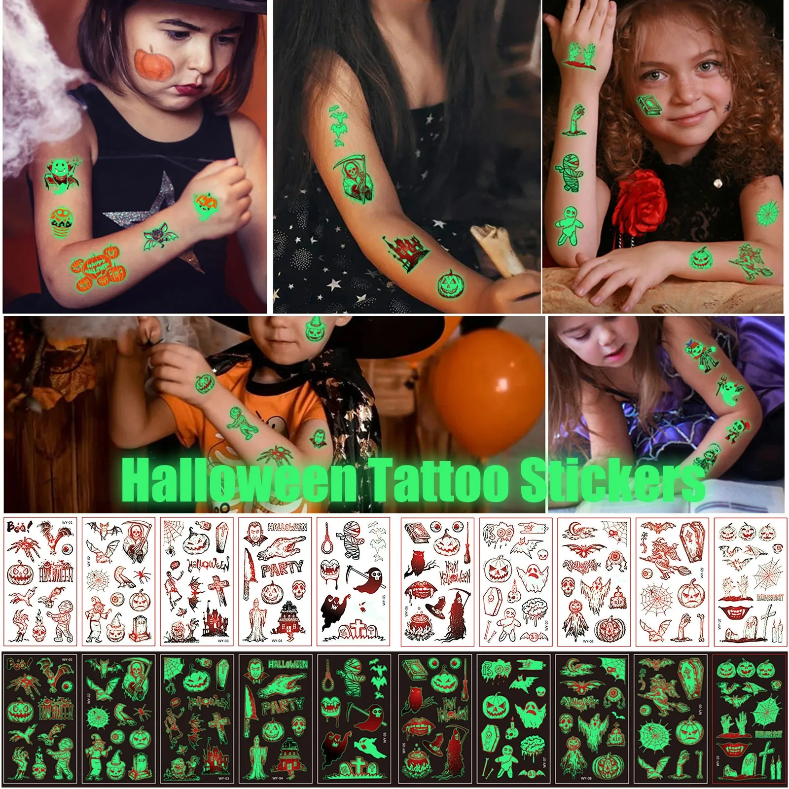 

Luminous Kids Tattoo Stickers Waterproof Temporary Cute Dinosaur Halloween Children Cartoon Glow Body Art Tattoo Stickers