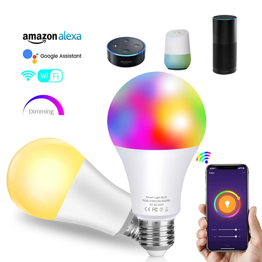 Умная светодиодсветильник лампочка Tuya E27 B22 приглушаемый ночник RGB + CW с Wi-Fi Bluetooth