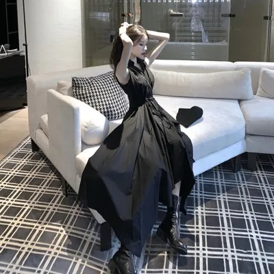 Новинка 2020 юбка-рубашка выше колена темное платье без рукавов для девушек Модная