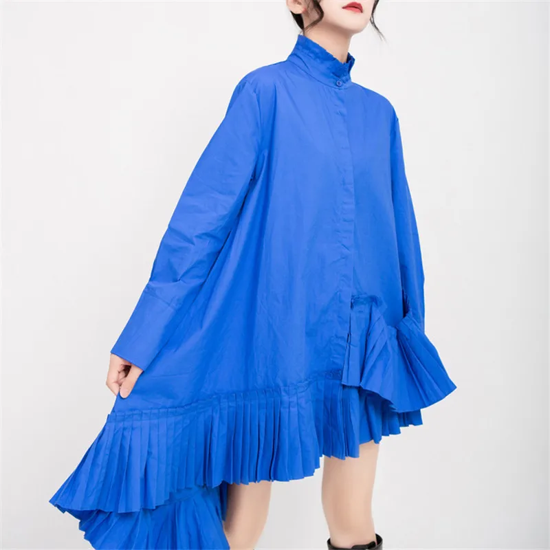 

Autumn And Winter New Fashion Shirt Irregular Skirt Stand Up Collar Hem Folds Retro Long Sleeved Solid Color Women's Dress C574