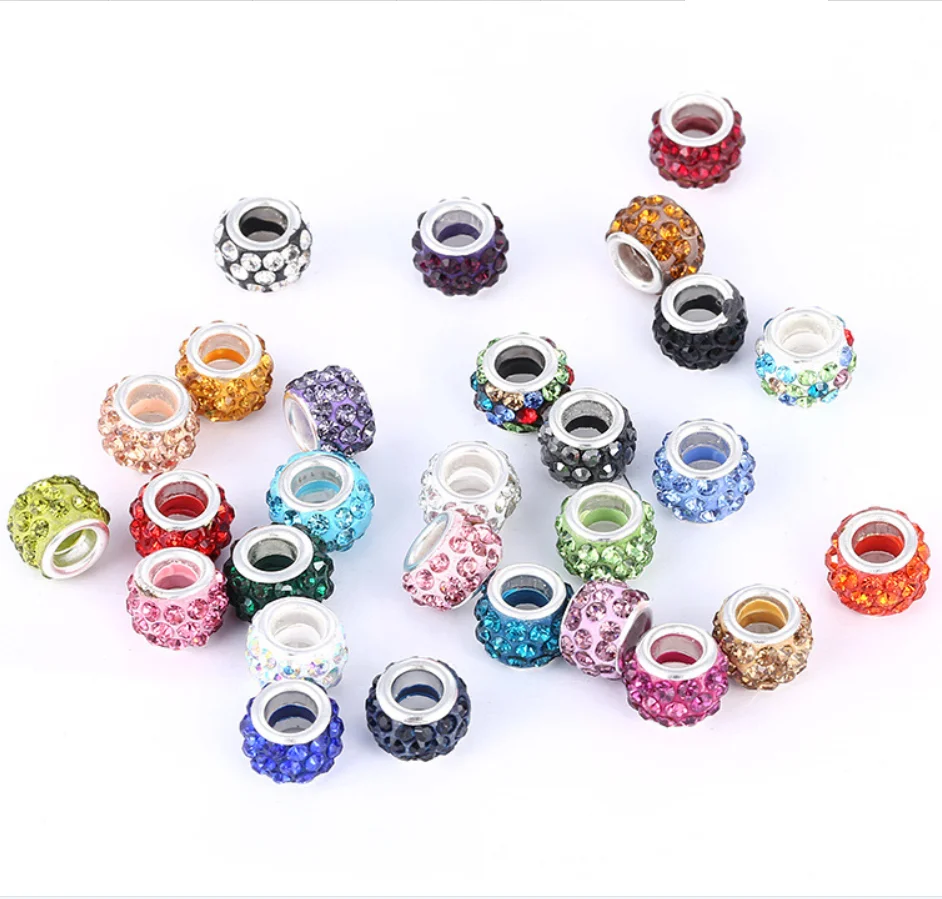 Дешево!!! 100 шт. модные круглые глиняные вставки с ринестонами, серебряное ядро, бусины европейского стиля с большим отверстием, подходят для браслета 11 см.