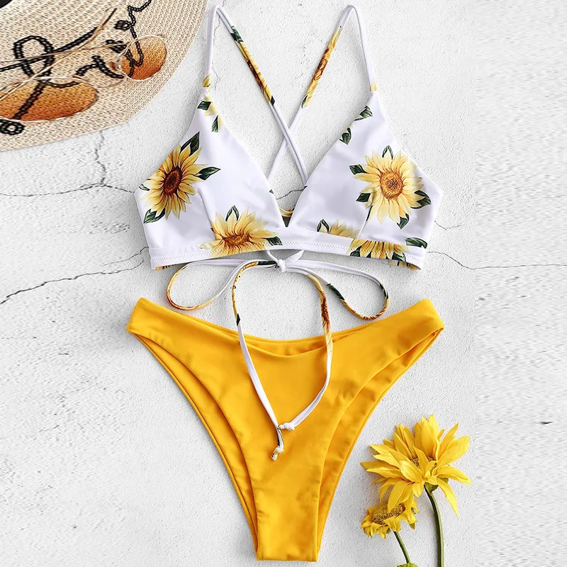 

Bikini Split Swimsuit Sexy Leaky Back Lace-up Sunflower Print BIKINI 2 Piece Set Women Swimwear Women