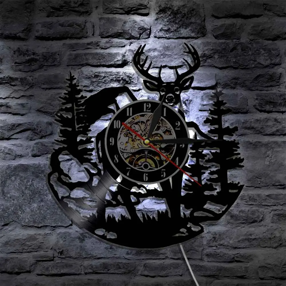 С принтом в виде березовых деревьев Лесной Олень Wall Art светодиодный часы леса Buck