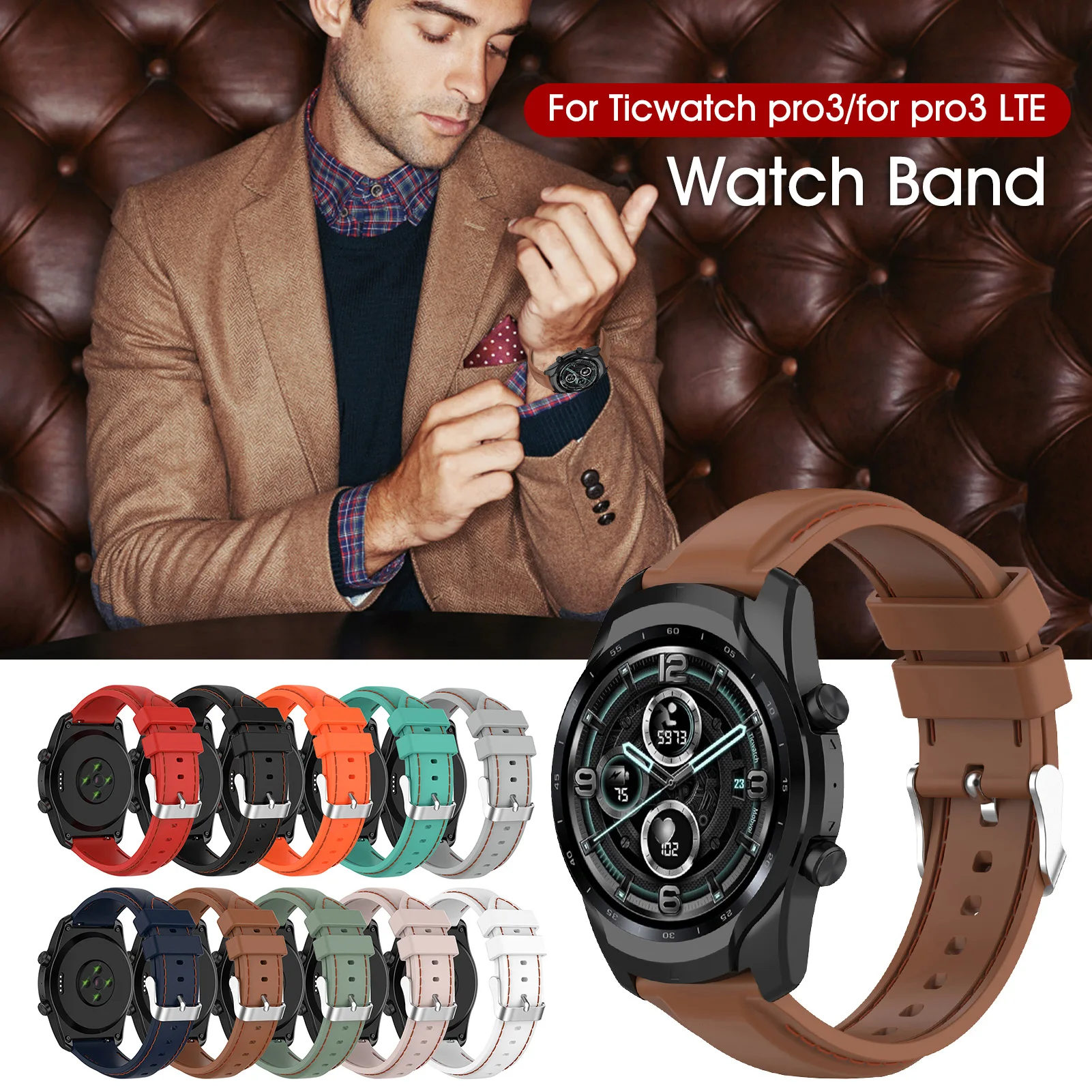 

Ремешок силиконовый для смарт-часов Ticwatch Pro3, сменный мужской браслет для наручных часов Ticwatch Pro3 LTE, 22 мм