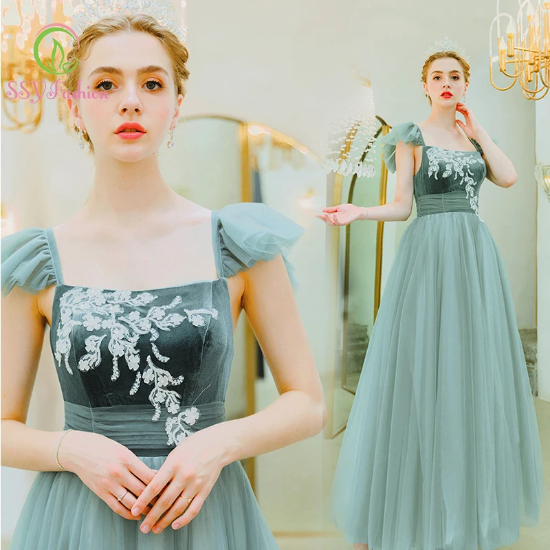 

SSYfashion Strap Sleeveless Lace Up Back Ankel Length Long Dark Green Evening Dress Party Formal Banquet Gown Evening Gown