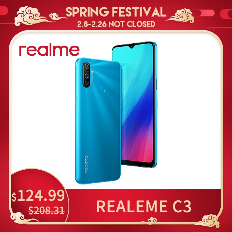 Перейти на Алиэкспресс и купить Realme C3 глобальная Версия Мобильный телефон 5000 мА/ч, Батарея, 3 Гб оперативной памяти, Оперативная память 32GB/64GB Встроенная память Helio Камера HD м...