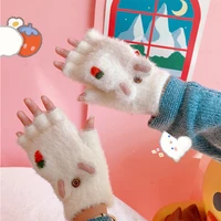 winter plush women flip half finger full finger kawaii student riding warm gloves pink carrot girl gloves