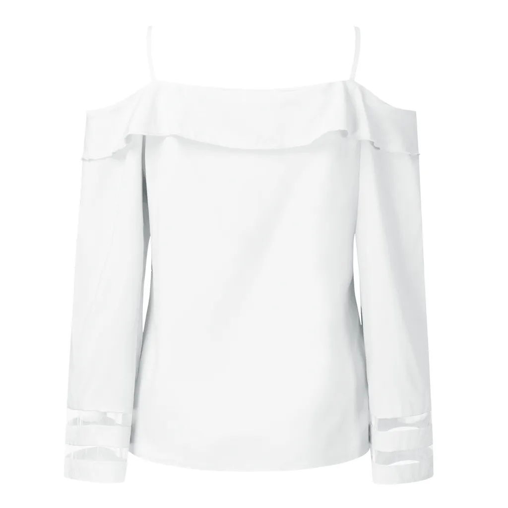 Feitong Sexy Blouse Women Off Shoulder Top Mesh Panel Blouse 3/4 Bell Sleeve Loose Streetwear Top Shirt Women Clothes