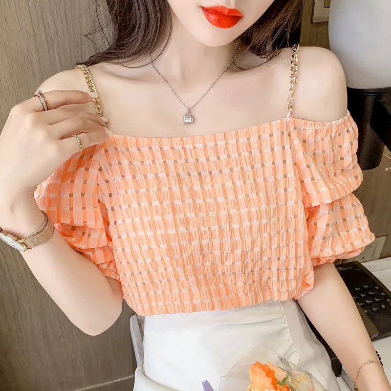 

Korean Fashion Chiffon Blouse Women Top 2021 Cottagecore Sweet White Summer Cute Cami Slash Neck Off Shoulder Sheer Plaid Shirts